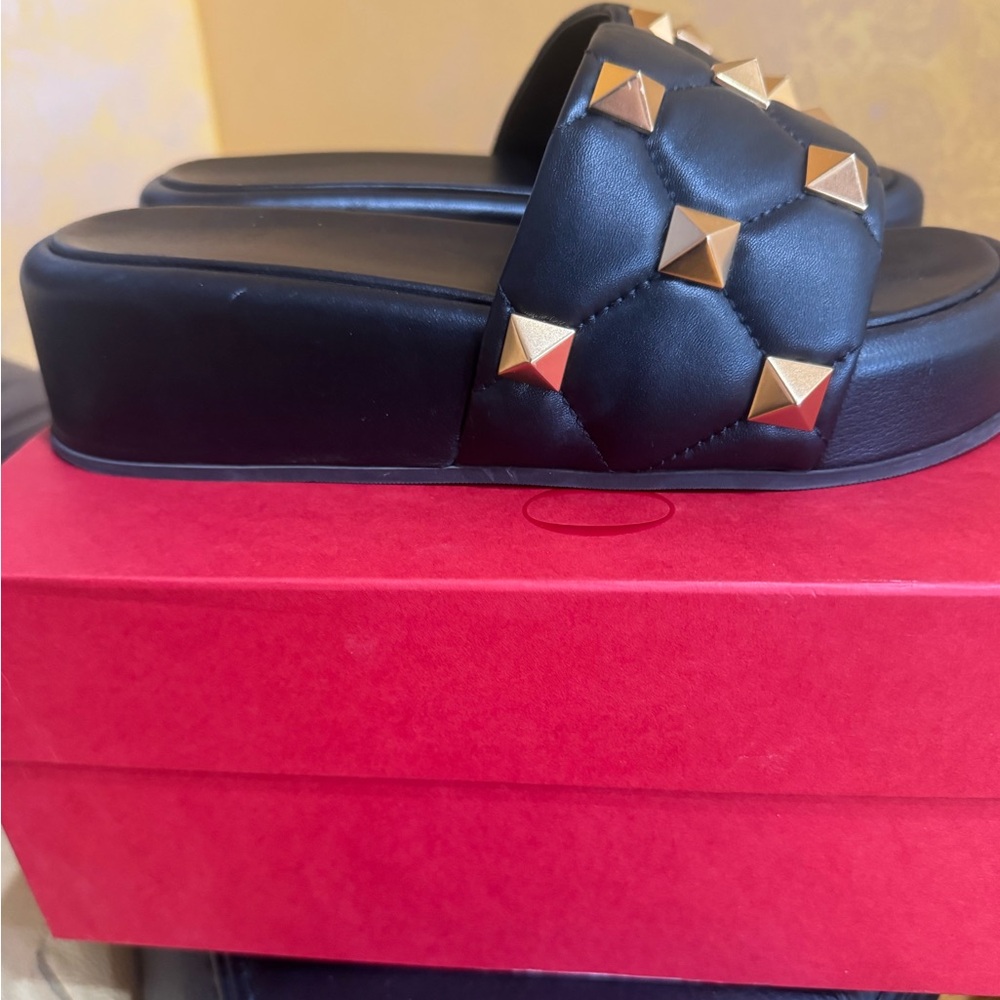 Valentino Black Slide Sandals with Gold Accents Gently Used Size 39